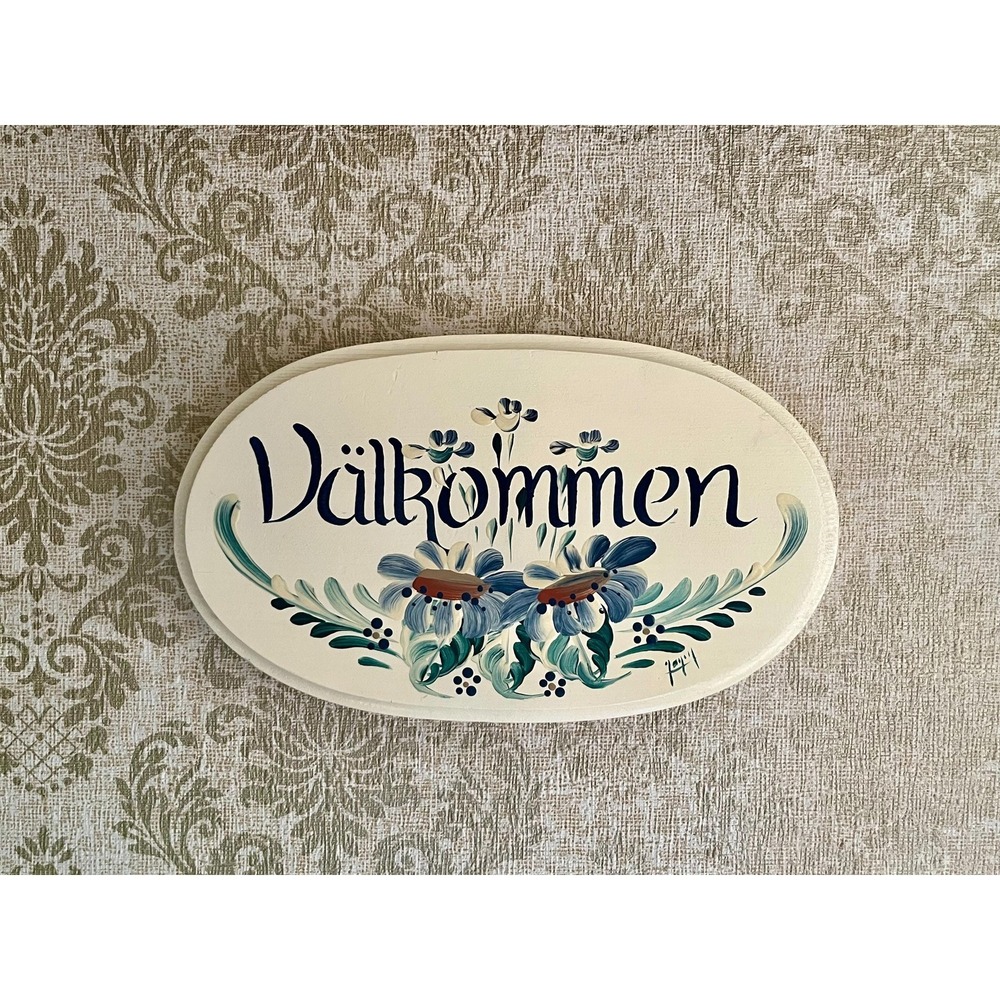 Vintage Hand‑Painted Swedish "Välkommen" Scandinavian Wooden Welcome Sign Hygge